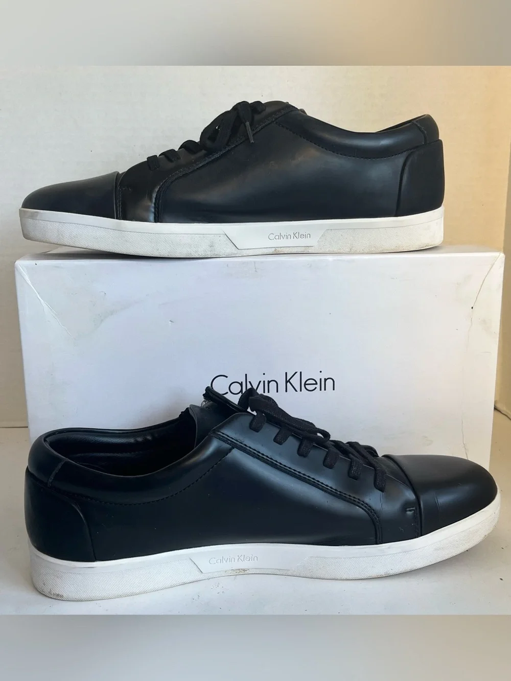 Men's Calvin Klein Ibrahim Box Leather Zip & Tie Black Casual Sneakers (Size 12)